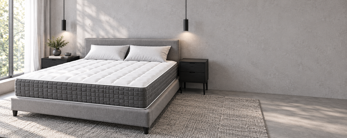 A Mr Mattress foam mattress made up on a grey upholstered bed